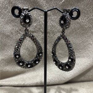 PJM Rhinestones Clip Dangle Earrings gunmetal gray & black pave Rara Avis